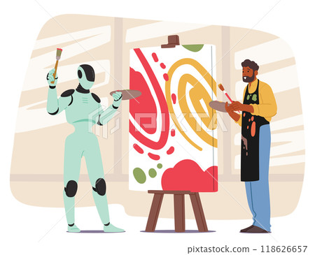Robot And A Human Artist Collaborate On A Colorful Abstract Painting In A Creative Studio Setting, Technology And Human Robot And A Human Artist Collaborate On A Colorful Abstract Painting In A Creative Studio Setting, Technology And Human 118626657