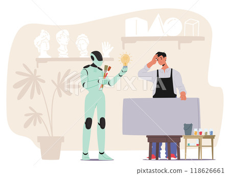 Robot Holds A Lightbulb And Paintbrushes While Standing Next To A Painter In A Studio Setting With Art Supplies Robot Holds A Lightbulb And Paintbrushes While Standing Next To A Painter In A Studio Setting With Art Supplies 118626661