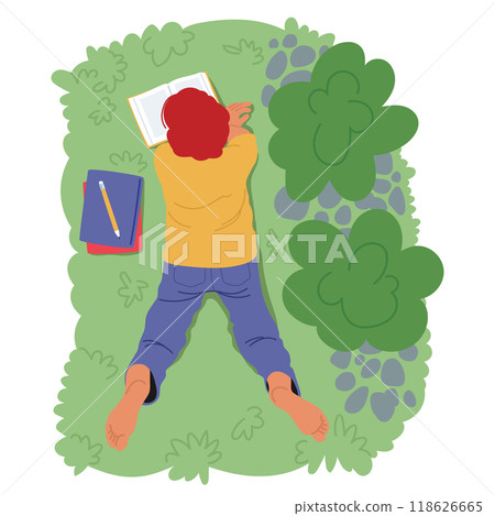 Colorful Illustration Shows A Person Lying On The Grass Reading A Book Surrounded By Greenery With A Notebook Colorful Illustration Shows A Person Lying On The Grass Reading A Book Surrounded By Greenery With A Notebook 118626665