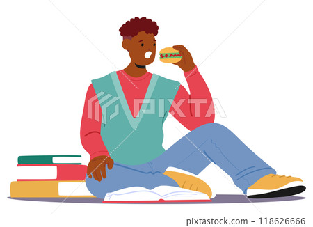 University Student Sits Comfortably While Enjoying A Burger And Studying. Cartoon Vector Image Portrays Casual Study 118626666