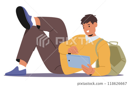 Young University Student Relaxing Outdoors While Using A Tablet. Casual Attire With Backpack, Expressing A Happy Mood 118626667