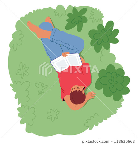 Person Relaxing On Green Grass While Reading A Book From A Top View. Scene Evokes Peacefulness And Leisure Person Relaxing On Green Grass While Reading A Book From A Top View. Scene Evokes Peacefulness And Leisure 118626668