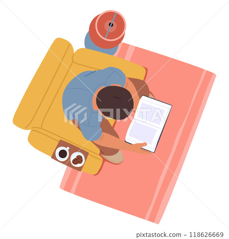 Man Reading A Book On A Yellow Couch With A Coffee Table. Scene Includes A Cup Of Coffee And Cookies On The Table Man Reading A Book On A Yellow Couch With A Coffee Table. Scene Includes A Cup Of Coffee And Cookies On The Table 118626669