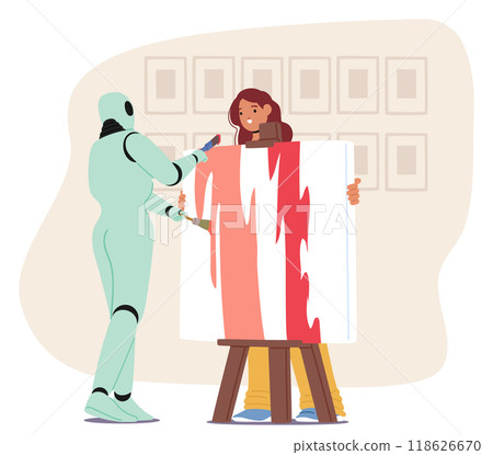 Creative Collaboration Between Robot And Woman Creating Modern Art On Canvas. Scene Depicts Innovation And Creativity 118626670