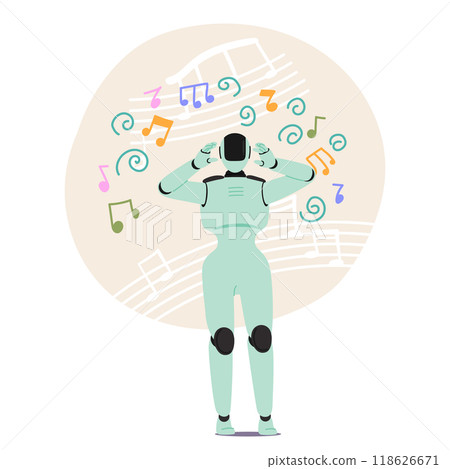 Futuristic Robot Surrounded By Vibrant Musical Notes And Abstract Sound Waves. Scene Evokes A Sense Of Harmony 118626671