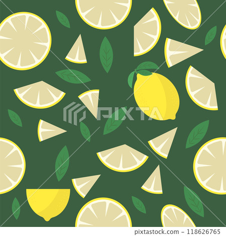 Vector Fresh Yellow Lemon with Green Leaves. Seamless Pattern. Tropical Fruit Icon with Sour Taste 118626765