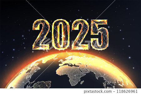 2025 New Year with gold 2025 digits on planet Earth against black background. Luxury modern design 118626961