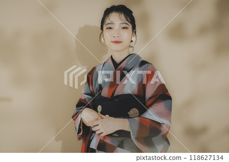 A woman in a kimono Meisen with a geometric pattern 118627134