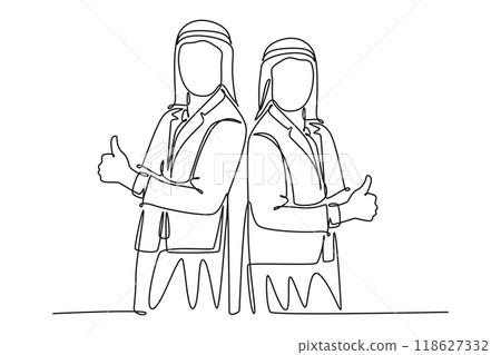 Single continuous line drawing of young happy Moslem employees give thumbs up hands gesture to celebrate job promotion. Arabian male worker sales team. One line draw graphic design vector illustration 118627332