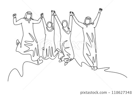 Continuous one line drawing Moslem business people jump together to celebrate increasing company sales target or growth. Group of happy Arab worker. Single line draw design vector graphic illustration Continuous one line drawing Moslem business people jump together to celebrate increasing company sales target or growth. Group of happy Arab worker. Single line draw design vector graphic illustration 118627348