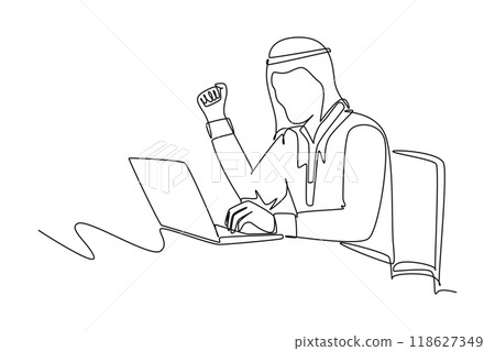 Continuous one line drawing young happy Moslem businessman sitting and celebrate success financial report. Arabian male worker raise hand on desk. Single line draw design vector graphic illustration Continuous one line drawing young happy Moslem businessman sitting and celebrate success financial report. Arabian male worker raise hand on desk. Single line draw design vector graphic illustration 118627349