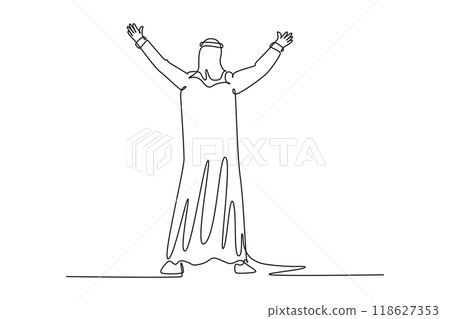 Continuous one line drawing back view of happy Moslem businessman celebrate his business deal project. Arabian male manager standing and raise hand. Single line draw design vector graphic illustration 118627353