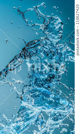 Dynamic water sculpture of human figure in motion Dynamic water sculpture of human figure in motion 118627420