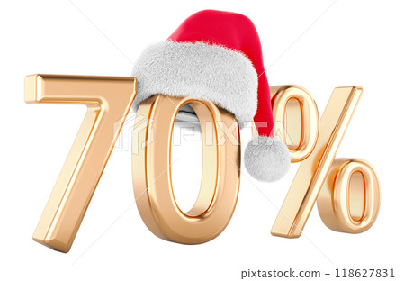70 percent with Santa Claus Christmas hat. Christmas Sale and Discount concept. 3D rendering 118627831