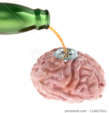 Alcohol addiction, concept. Alcohol flows into the brain through sink drain. 3D rendering 118627832