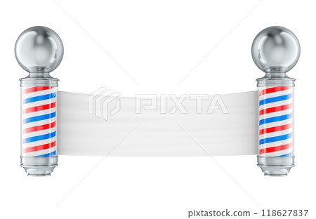 Classic Barber Poles with Blank Banner for Advertise between. 3D Rendering 118627837
