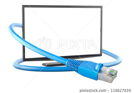 Digital Video Broadcasting - Internet, concept. Smart TV set with Lan Cable. 3D rendering Digital Video Broadcasting - Internet, concept. Smart TV set with Lan Cable. 3D rendering 118627839