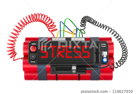Stress concept. Time bomb explosive with stress word on timer, 3D rendering Stress concept. Time bomb explosive with stress word on timer, 3D rendering 118627850