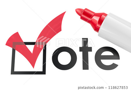 Vote concept. Red check mark with marker, 3D rendering 118627853