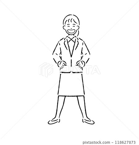 Woman in a suit sticking out her chest_black and white 118627873