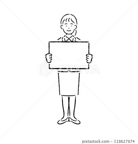 Woman in a suit holding a flip flop_black and white 118627874