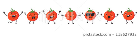 Flat Vector Cartoon Cute and Funny Tomato Character. Dancing, Smiling, Happy, Singing Tomato with Different Faces and Emotions. Tomato Icon, Logo, Vector Illustration in Kawaii Style Flat Vector Cartoon Cute and Funny Tomato Character. Dancing, Smiling, Happy, Singing Tomato with Different Faces and Emotions. Tomato Icon, Logo, Vector Illustration in Kawaii Style 118627932