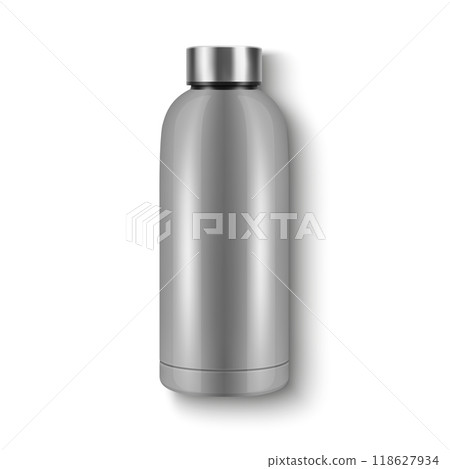Vector Realistic 3D Steel Blank Glossy Reusable Water Bottle with Silver Bung Closeup Isolated. Design Template of Packaging Mockup. Front View 118627934