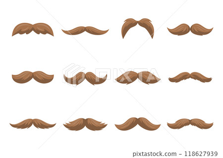 Hipster Mustache. Cartoon Face Party Decoration Set. Classic Mustache, Fathers Day Symbol. Italy Mustache Icon, Vector Illustration 118627939