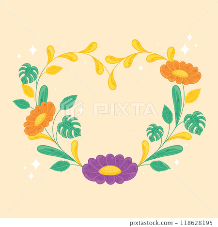 Orange and purple flowers in floral wreath with green leaves Vector Orange and purple flowers in floral wreath with green leaves Vector 118628195