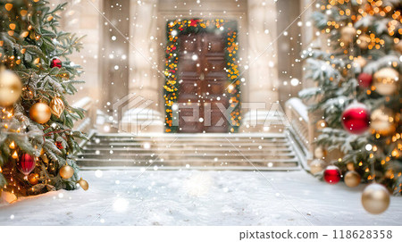 Snowy Christmas Entrance with Festive Decorations 118628358