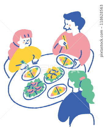 A family of three having a meal together 118628563