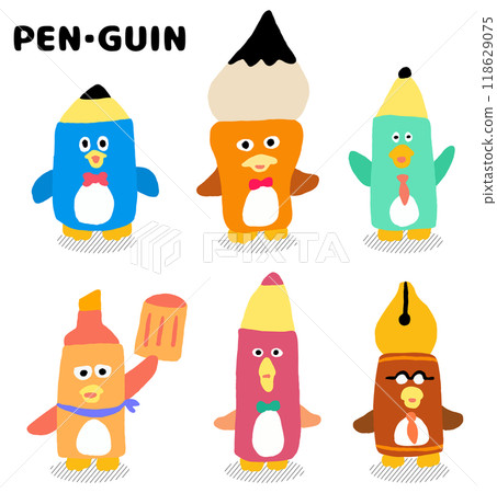 多彩可愛的鋼筆和企鵝組合人物素材 118629075