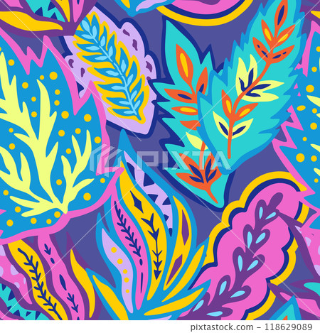 Colorful seamless pattern with chaotic floral and psychedelic abstract elements. Colorful seamless pattern with chaotic floral and psychedelic abstract elements. 118629089