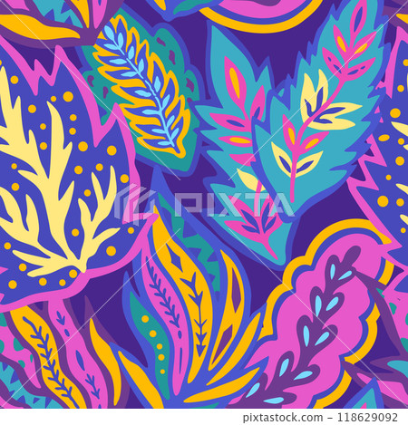 Colorful seamless pattern with chaotic floral and psychedelic abstract elements.  118629092