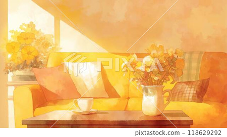 溫暖的午後：一幅充滿金光的客廳水彩畫 118629292