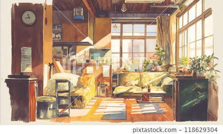 木紋與陽光的工作室客廳：水彩風格的插畫，溫暖的創意空間 118629304