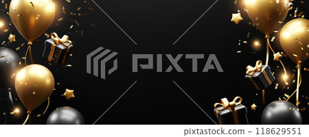 Black friday banner design of balloons and gift box with confetti on black background 3D render Black friday banner design of balloons and gift box with confetti on black background 3D render 118629551