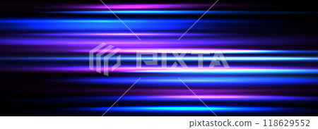 Neon glowing horizontal stripe background. Bright blue purple speed light effect. Magic trail flare line texture. Luminous laser beams or rays wallpaper design. Futuristic neon streak backdrop. Vector 118629552