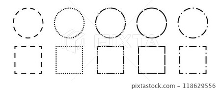 Black dashed frames collection. Dashed outline circle and square borders set. Outline cut out element design bundle for poster, banner, flyer. Geometric dotted rectangular and round shape pack. Vector Black dashed frames collection. Dashed outline circle and square borders set. Outline cut out element design bundle for poster, banner, flyer. Geometric dotted rectangular and round shape pack. Vector 118629556