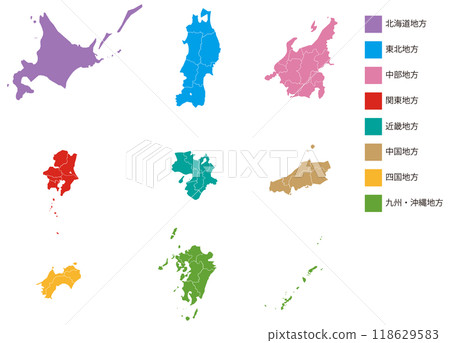 Map of Japan, regional color coding, with names Map of Japan, regional color coding, with names 118629583