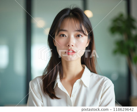 商業場景 女員工看著相機肖像辦公室 商業場景 女員工看著相機肖像辦公室 118629642