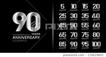 Set of premium anniversary logotype. Silver anniversary celebration emblem design for company profile, leaflet, magazine, brochure, web, banner, invitation or greeting card. 118629683