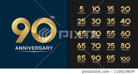 Set of premium anniversary logotype. Golden anniversary celebration emblem design for company profile, leaflet, magazine, brochure, web, banner, invitation or greeting card. 118629684
