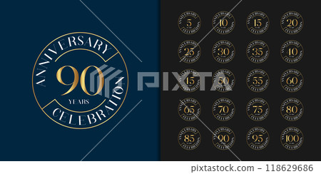 Set of premium anniversary logotype. Golden anniversary celebration emblem design for company profile, leaflet, magazine, brochure, web, banner, invitation or greeting card. 118629686