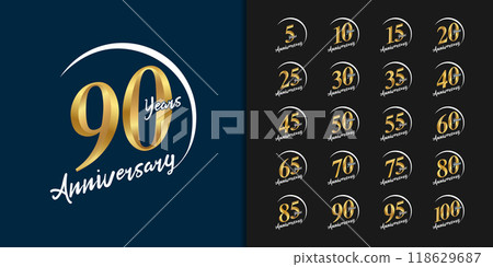 Set of premium anniversary logotype. Golden anniversary celebration emblem design for company profile, leaflet, magazine, brochure, web, banner, invitation or greeting card. 118629687