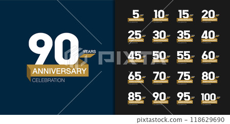 Set of trendy anniversary logotype. Modern geometric anniversary celebration icons design for company profile, leaflet, magazine, brochure poster, web, invitation or greeting card. 118629690