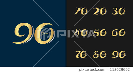 Set of premium anniversary logotype. Golden anniversary celebration emblem design for company profile, leaflet, magazine, brochure, web, banner, invitation or greeting card. 118629692