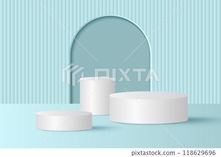 Abstract 3D blue podium background. Modern minimalist mockup for product display presentation. Realistic blue cylinder pedestal podium. Abstract 3D blue podium background. Modern minimalist mockup for product display presentation. Realistic blue cylinder pedestal podium. 118629696