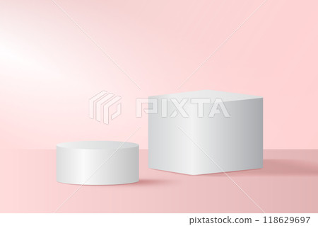 Abstract 3D pink podium background. Modern minimalist mockup for product display presentation. Realistic pink cylinder pedestal podium. Abstract 3D pink podium background. Modern minimalist mockup for product display presentation. Realistic pink cylinder pedestal podium. 118629697