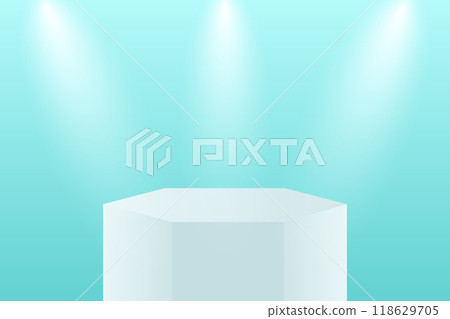 Abstract 3D blue podium background. Modern minimalist mockup for product display presentation. Realistic blue cylinder pedestal podium. Abstract 3D blue podium background. Modern minimalist mockup for product display presentation. Realistic blue cylinder pedestal podium. 118629705